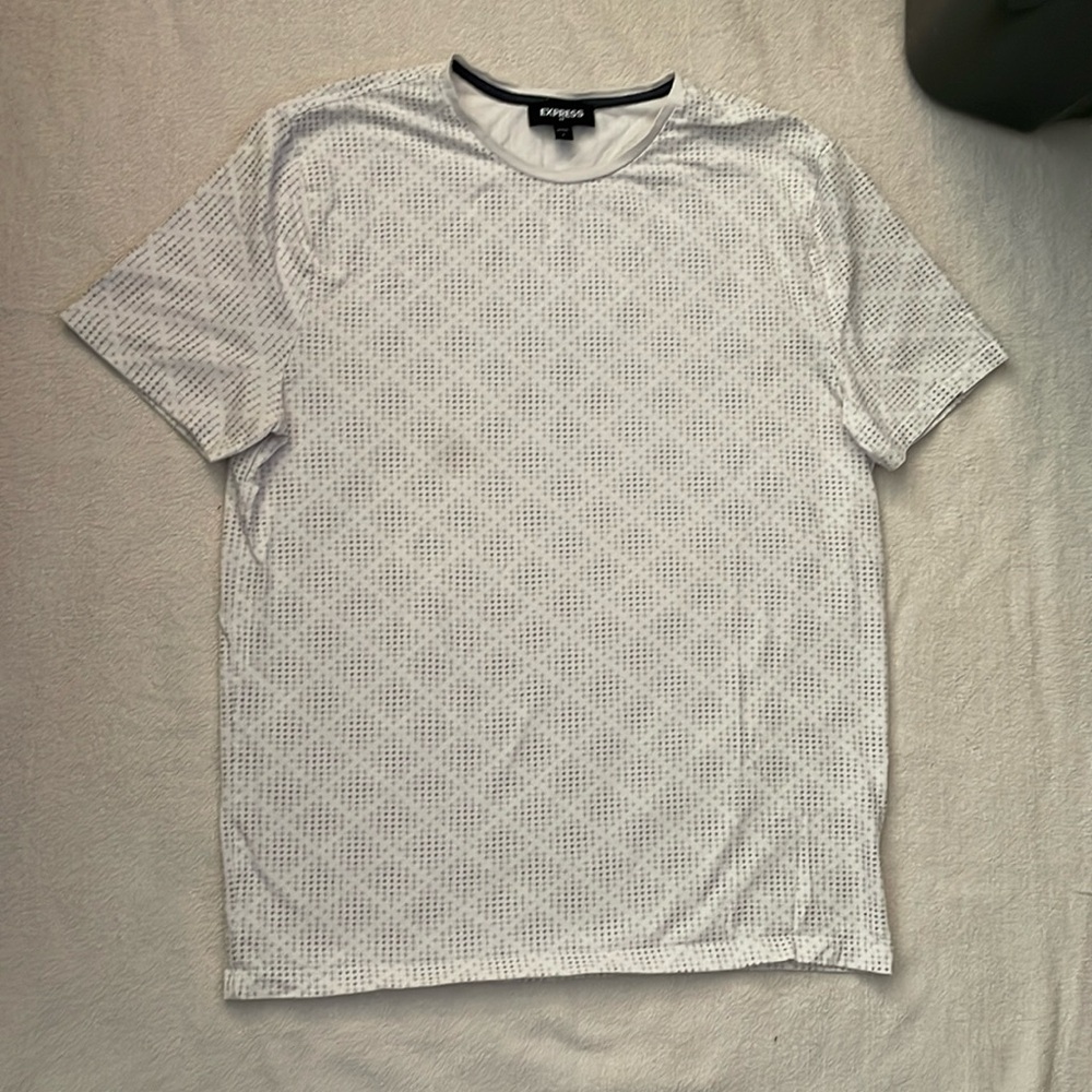 White Express Short Sleeve Patterned Shirt Mens Size Large